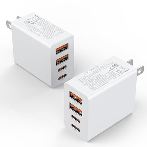 2Pack USB C Charger Block, 40W Fast USB C Wall Charger 4-Port PD Power Adapter + QC Wall Plug Multiport Type C Charging Block Cube for iPhone 16 15 14 Pro Max XR XS 8 7, iPad, Galaxy, Tablet - White