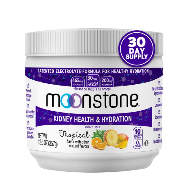 Moonstone Nutrition Kidney Health & Hydration Drink Mix - Kidney Supplement | Kidney Cleanse, & Kidney Support Powder | Alkaline Detox Drink Mix for pH Balance | (30 Day Supply) Tropical