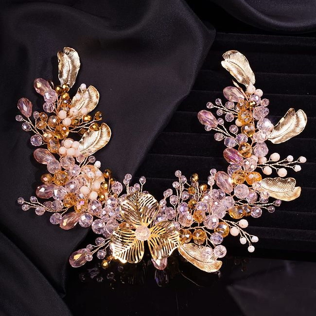 Chargances Bridal Gold Flower Leaf Hair Vine Wedding Pink Crystal Beaded Headband Dainty Rhinestone Handmade Hair Accessories for Women and Girls Brides