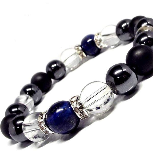 The Best Lucky Stone Lapis Lazuli x Hematite x Matte Onyx 0.4 inch (10 mm) Natural Stone Bracelet, Amulet, Exterminate Evil Fortune, Power Stone
