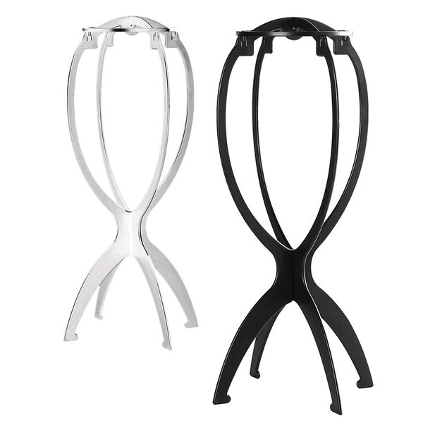 Deke Home Short hair Wig Stand, Portable tripod Collapsible Wig Dryer. Durable. Wig Holder. Travel Wig Stands. With Hollow mannequin display head. 14.2"-2 pack Black / White