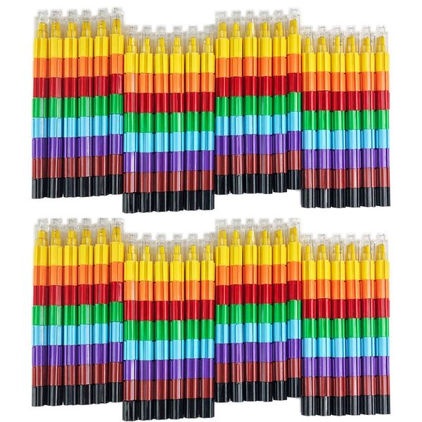 Huji Stacking Buildable 8 Colors Crayons Set, Connect Stack and Build Sideways and Up, Favorite Toys Kids Children Party Favors School Supplies Safe Non-Toxic, Easy to Hold (48)