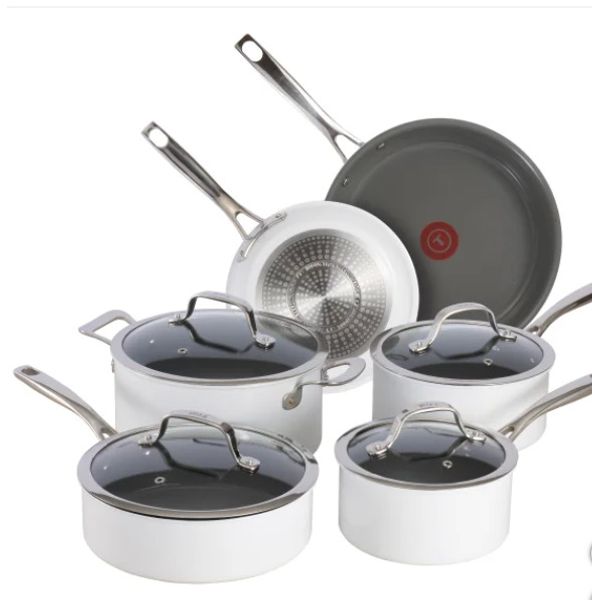 T-fal Excellence Ceramic Non Stick Cookware 10 piece Set White New
