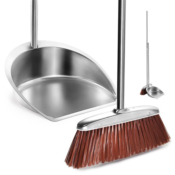 Broom and Dustpan Set, Adjustable Dust Pans with Long Handle, 56" Indoor Broom and Dust Pan Set Upright, Stainless Steel Broom with Dustpan Combo Set for Home Kitchen Indoor Lobby Commercial Cleaning