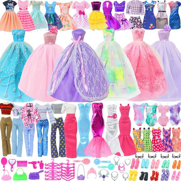 62Pcs Doll Clothes and Accessories, 3 Princess Wedding Gowns 2 Evening Dresses 5 Fashion Casual Dresses 2 Tops Pants Outfits 5 Slip Dresses 2 Swimsuits 10 Shoes 10 Hangers for 11.5 inch Girl Doll