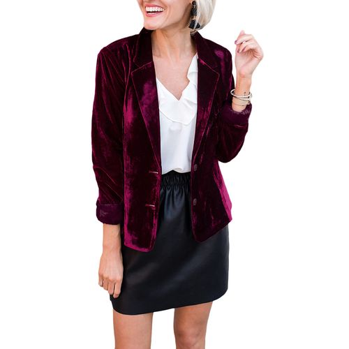 SEMATOMALA Women's Velvet 2 Button Blazer Casual Lapel Office Coat Slim Fit Work Jacket Vintage Business Suit(WR,M) Wine Red