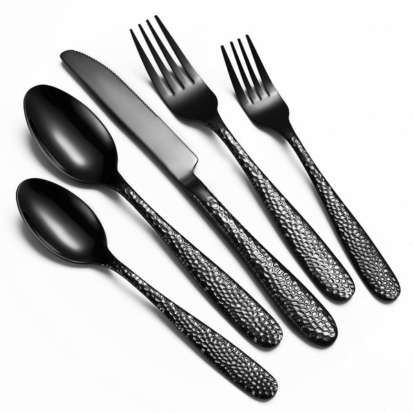 Black Hammered Silverware Set, 20-Piece Heavy Duty Stainless Steel Flatware S...