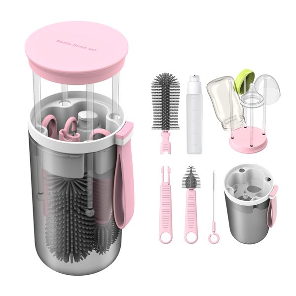 TechoEcho Travel Baby Bottle Brush Set with Extendable Liquid Silicone Bottle Brush，Nipple Brush，Built-in Bottle Drying Rack，Straw Cleaner Brush，Baby Bottle Soap Dispenser，Bottle Warmer (Pink)