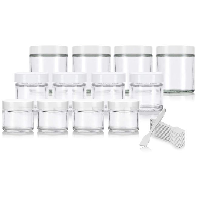 12 piece Clear Glass Straight Sided Jar Multi Size Set : Includes 4-1 oz, 4-2 oz, and 4-4 oz Clear Glass Jars with White Lids + Spatulas for Aromatherapy, Essential Oils, Travel and Home
