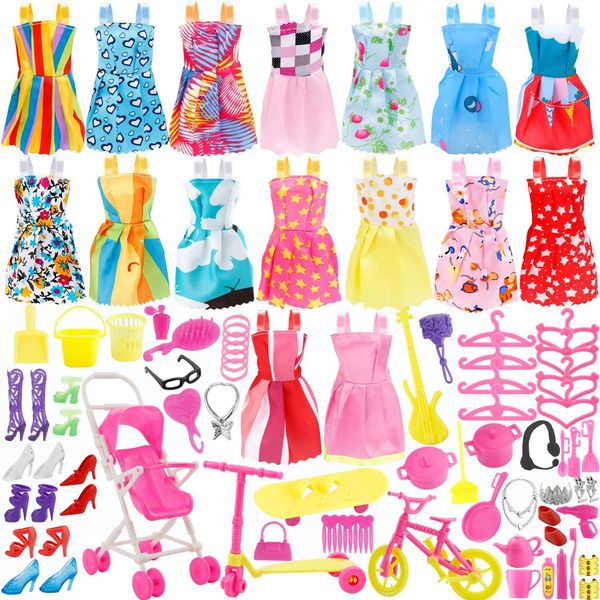 JANYUN Total 114pcs -16 Pack Doll Clothes Party Gown Outfits Set for Doll+ 98pcs Girl Dolls Dresses Accessories Shoes Bags Necklace Mirror Hanger Tableware (Playing Style)