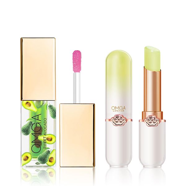 CAHIUYOA 2PCS Color Changing Lipstick Lip Oil Magic Tinted Lip Balm Gloss Set Long Lasting Moisturizer Color Changing Jelly Lipstick Lip Tint Makeup Gifts for Women - Avocado Set