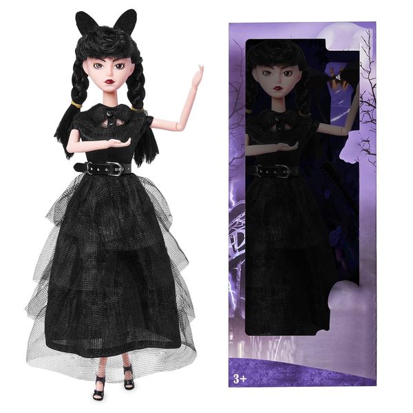 DBYWIUB Wednesday 11.5 inch Girls Black Dolls, Soft Body & Black Hair, Black High Heels, Black Dress & Accessories