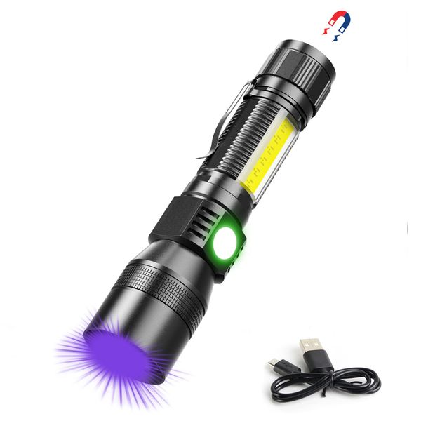 UV Flashlight Blacklight, USB Rechargeable Flashlights Magnetic Flashlight with ‎SideLight, 1000LM Flashlight Black Light, COB Work Light, Zoomable, Waterproof Worklight, Pet Urine