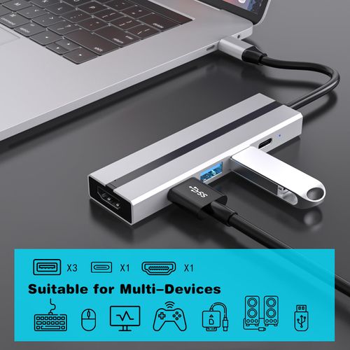 AEARJOHN USB C Hub (5 in 1) Auminum case,Type C to USB-C PD100W, 4K HDMI, USB 3.0, 2 x USB 2.0