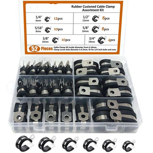 PENGLIN 52 Pcs P Clip Rubber Saddle Band, Hose Clamp, Cable Clip, Pipe Clip, 304 Stainless Steel, EPDM Rubber Saddle with Rubber, R-Shaped Saddle Band, 0.3 inch (6 mm), φ0.3 inch (8 mm), φ0.4 inch (10