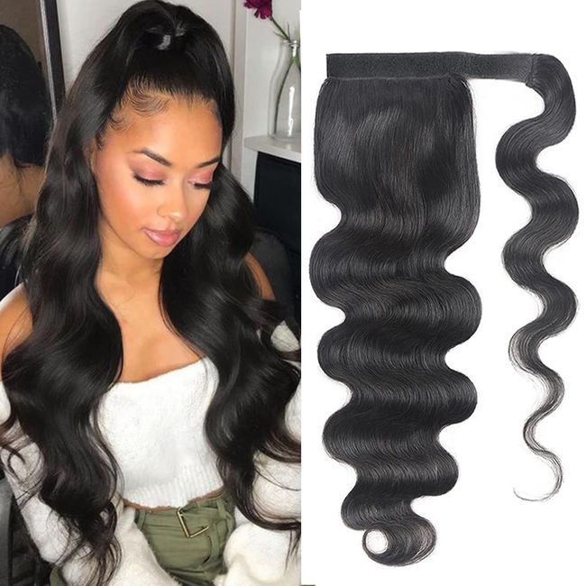 Brazilian Virgin Body Wave Human Hair Ponytail Magic Tie Long Body Wave Ponytail 120g 100% Remy Human Hair Ponytails Extension for Black Women Natural Color (28Inch, Body wave ponytail)