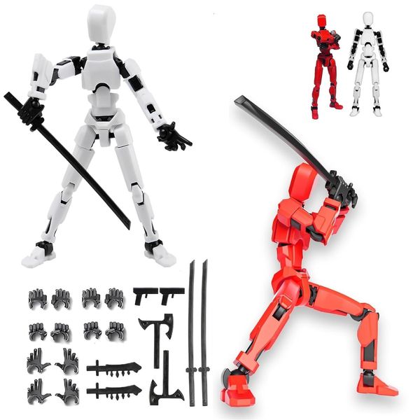 T13 Action Figure Set, 3D Printed Multi-Joints, Titanium 13 Action Figures, Dummy 13 Lucky Mobile Robot, T13 Action Figure, Desktop Decorations for Game Lovers (Red + White)