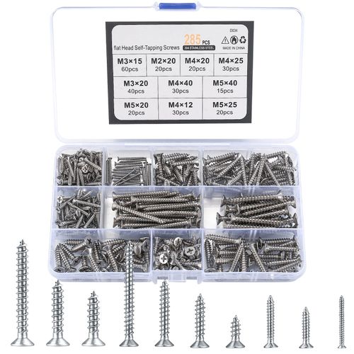 XxinXrong285 Pcs Self Tapping Screws Assortment Set, M2/M3/M4/M5 Stainless Steel Self Drilling Wood Screws, Cross Head Wood Screws, Flat Round Head Screws for Homemade, Repair, Woodworking