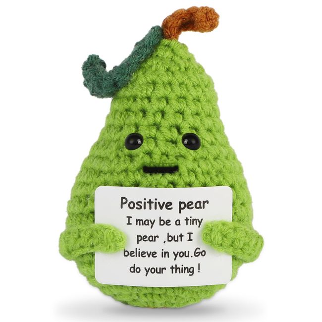 Hoedia Handmade Emotional Support Pickle Gift, Cucumber Crochet Doll Inspirational Gifts with Wooden Base, Cute Knitted Cucumber Doll Funny Pickle Toy (Positive Pear)