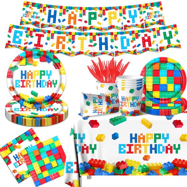 Building Block Party Supplies,142pcs Block Party Decorations Tableware Set Blocks Bricks Plates and Napkins Tablecloth Cups for Building Block Birthday Party Supplies