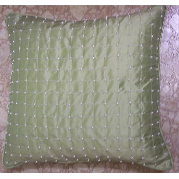 16" square DECORATOR PILLOW COVER~MED.GREEN SILK FABRIC w/ PEARLS~BUTTON BACK