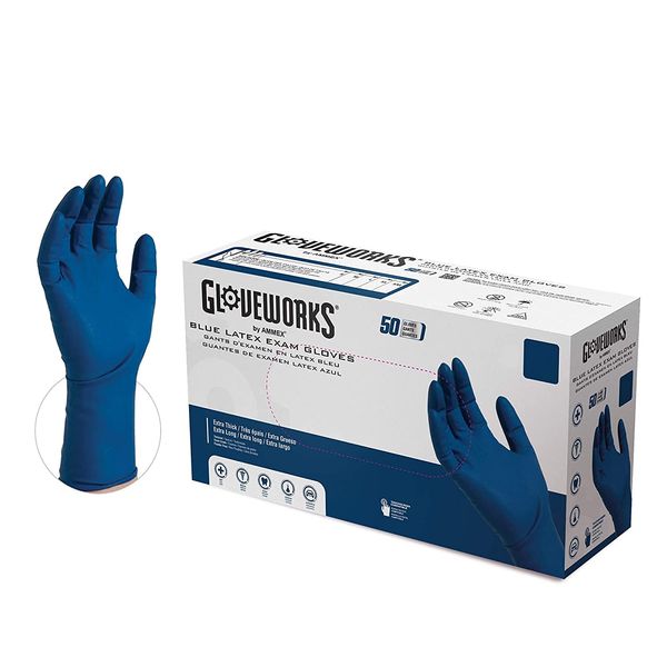 AMMEX GLOVEPLUS HD Medical Blue Latex Gloves, Box of 50, 13 mil, Size XLarge, Powder Free, Textured, Disposable, Non-Sterile, GPLHD88100-BX, extra large