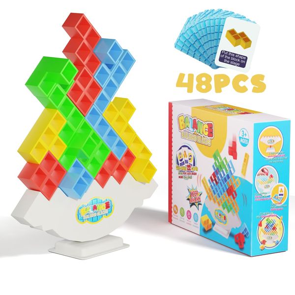 Hicfen Tower Stacking Blocks 48 Pcs, Fun and Educational Tower Balance Game for Kids, Team Balance Game for Kids and Adults, Board Games Building Blocks Toys for Family Game, Party, Travel