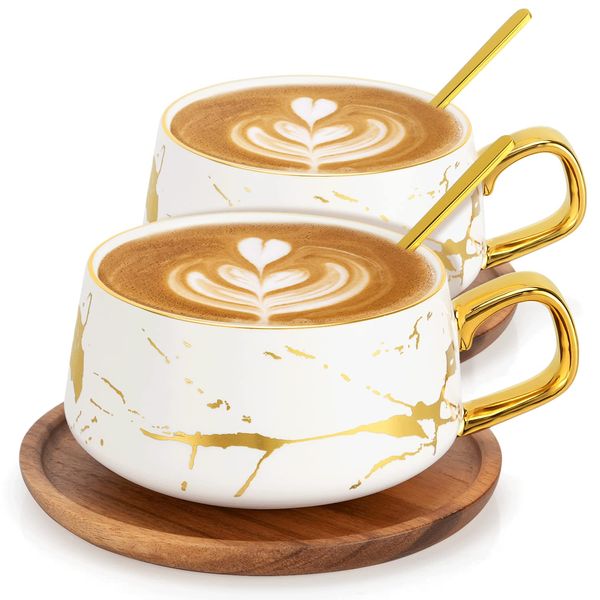 TELANKS 2 Pcs Tea Cup and Saucer Set, Porcelain Espresso Coffee Cup Set, with Saucer and Spoon, Ceramic Mugs for Home, Restaurants - White, 300 ml