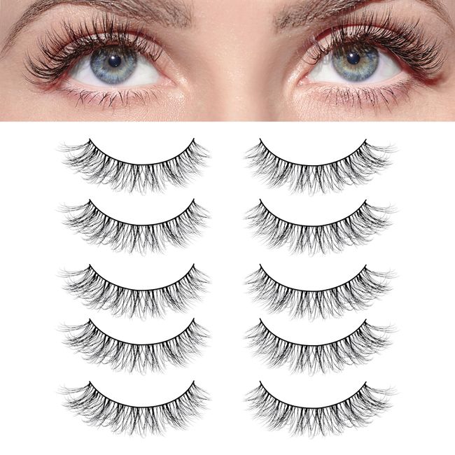 KSYOO Thin Band Cat Eye Lashes Wispy Natural Look, D Curl 6-14mm Thin Band 3D Natural False Eyelashes Multipack (NC01A)