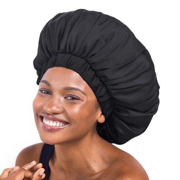 Kitsch XL Satin Bonnet for Sleeping - Jumbo Softer Than Silk Bonnet for Sleeping | Satin Hair Wrap for Sleeping | Satin Sleep Cap & Hair Cap | Sleeping Bonnets for Women (Black)