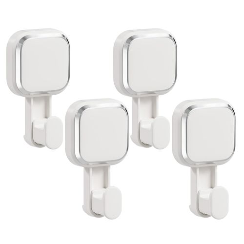 LEVERLOC Suction Cup Hooks for Inside Shower 4 Pack, Versatile Powerful Vacuum Suction Shower Holders for Towel, Loofah, Clothes, Damage Free Wall Hanging Bathroom Hooks, Easy to Install, White