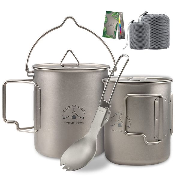 Adhafera Camping Titan Becher, Titan Camping Tasse mit Deckel, 99,8% Titan Topf mit Göffel und Tragbarem Beutel (450ml Becher & 750ml Topf)