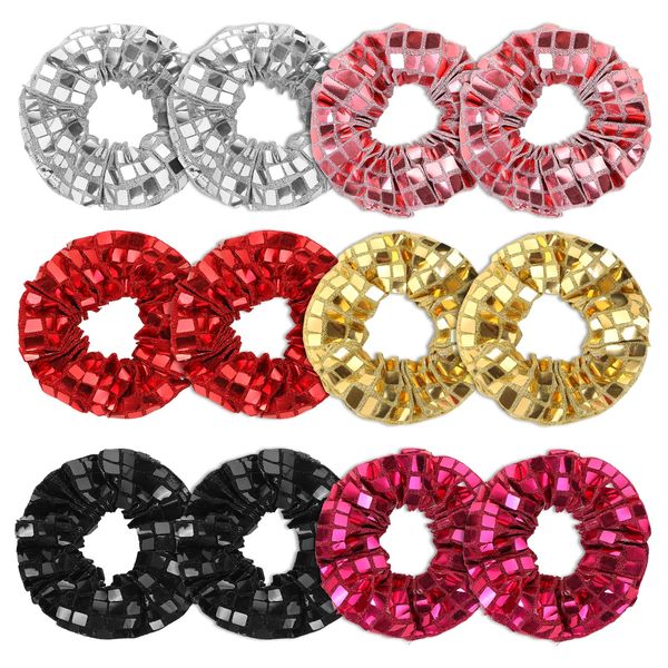 12Pcs Vintage Disco Ball Sequin Hair Scrunchies 70s 80s 90s Disco Ponytail Holders Fashion Hair Bands Elastic Bracelets for Women Hair Accessories Disco Theme Party Supplies