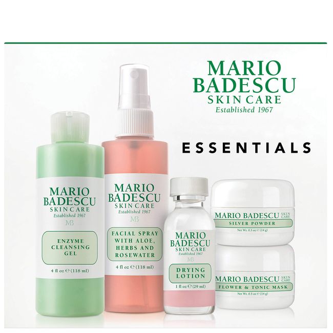 Mario Badescu Essentials 5 Piece Kit, Skincare Gift Set With Drying Lotion, Rose Water Facial Spray, Silver Powder, Enzyme Cleansing Gel and Flower & Tonic Mask