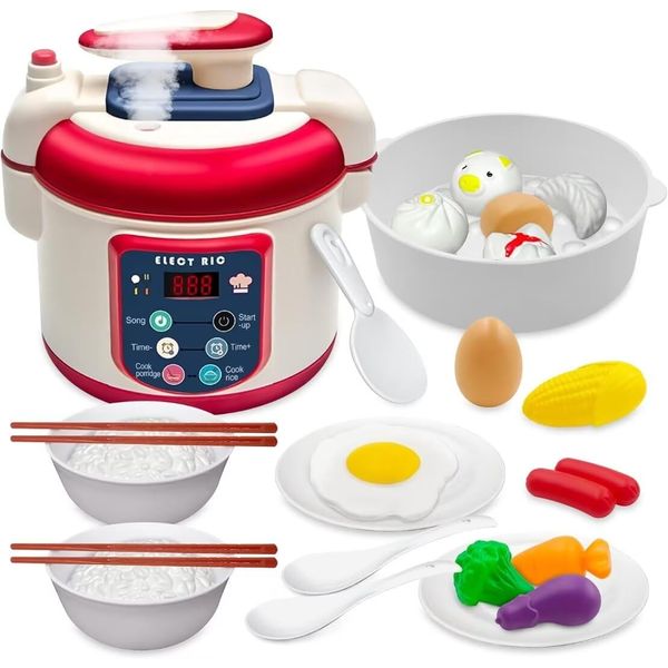 HIKUIBU 25PCS Kids Kitchen Pretend Play Toys, Mini Electronic Rice Cooker Toys, Cooking Toys with Music Steam Effect, Cookware Kits Kitchen Playset Food Accessories for Toddlers Boys Girls