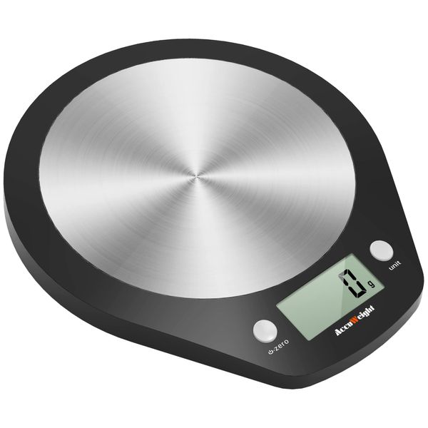 ACCUWEIGHT 203 Digital Kitchen Scale, Electronic Stainless Steel Food Scales with LCD Screen, Measuring Function for Liquid in ml and fl. oz., 5000g, 0.1 oz increments or 1g