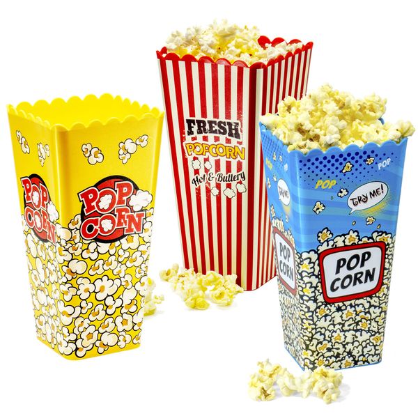 Red Co. 3-Pack Reusable Popcorn Bucket Tubs, 8 inch Nesting Containers, Assorted Retro Pattern