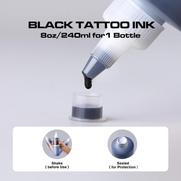 CNC 8oz Black Tattoo Ink Set 240ml True Black Vegan friendly Tattoo Supplies for Lining, Shading, Tribal and Blending TI6003-240-001