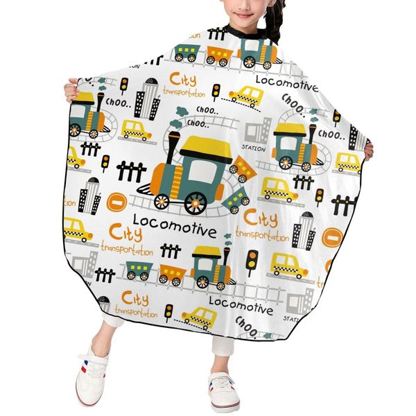 ONE TO PROMISE Train Barber Cape,Cartoon Train City Transportation Hair Cutting Cape for Kids Boys Girls,Professional Haircut Salon Cape with Adjustable Snap Closure for Haircuts,Makeup,Hair Dye