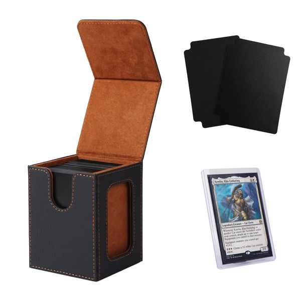 Venssu MTG Deck Box for Commander Display,Card Deck Box Fits 100 Double Sleeved Cards, TCG Card Storage Box with 2 Dividers and 1 Toploader (Black＆Brown)