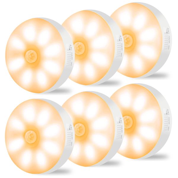 HIYAA Motion Sensor Lights Indoor Rechargeable Wireless Wall Light LED Stair Night Lights Lamps with Auto/On/Off for Stairs Living Room Bathroom Corridors Closet Kitchen Under Cabinets (Warm, 6 Pack)