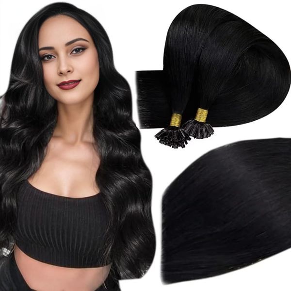 Easyouth Black U Tip Hair Extensions Human Hair Pre Bonded Nail Tip Extensions Jet Black U Tip Human Hair for Women 20 Inch 50g/50s