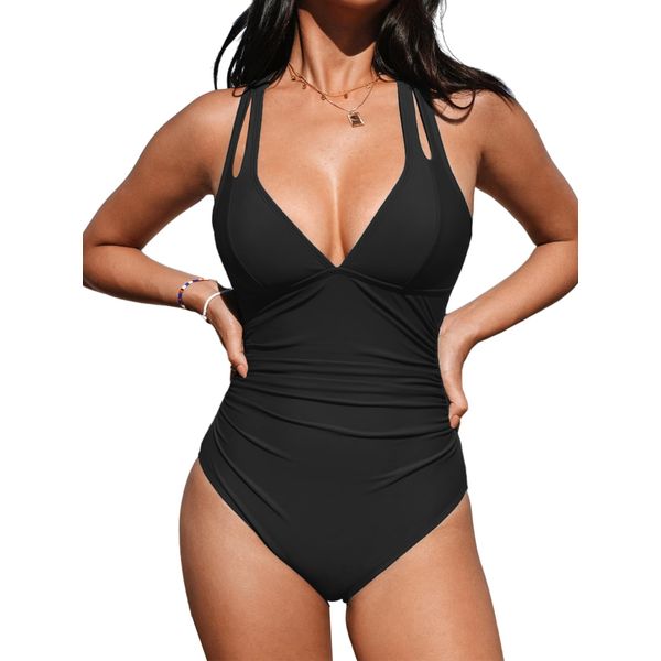 CUPSHE Women Swimming Costume Tummy Control One Piece Swimsuits Deep V Neck Double Straps Crisscross Back Tie Bathing Suits Black S