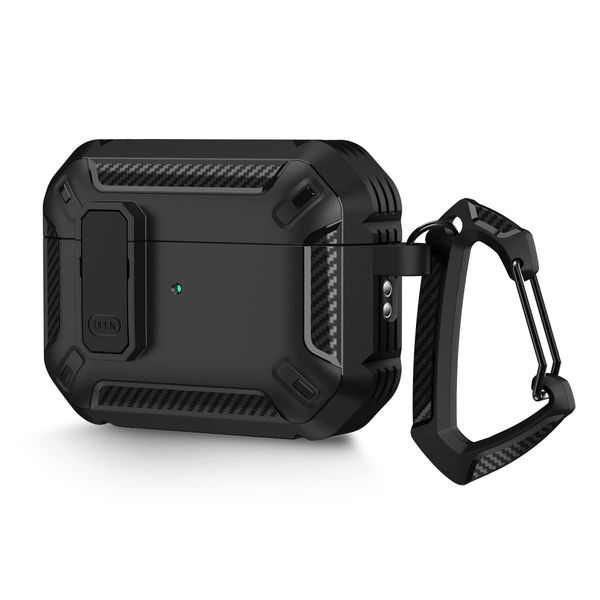 AirPods Pro 2nd Generation Case Cover 2022 with Lock Lid and Keychain Hook, Double Layer Dustproof Shock Resistant Rugged Case(Black)