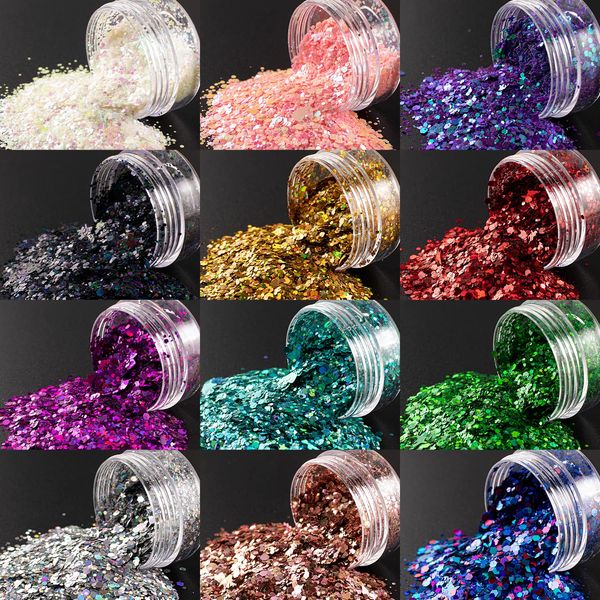 12 Jars of Cosmetic Chunky Glitter Shimmer Body Face Hair Eye Party Beauty Makeup Temporary Tattoos 12 Colors (96g/3.38oz) + Quick Dry Glitter Glue(10ml)