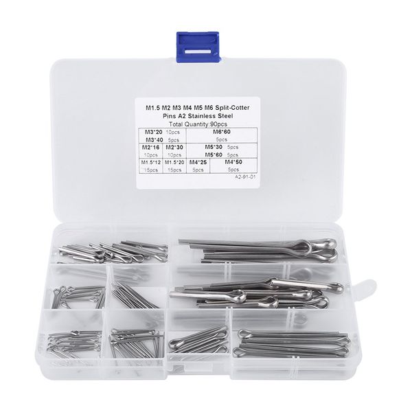 90 Stk Splinte Sortiment, Edelstahl Splinte Set mit Sortimentskasten Sicherungssplinte in 11 Arten M1,5 M2 M3 M 4 M5 M6 Größen Metallsplinte Cotter Pin für Autos Wohnmobile Gartengeräte