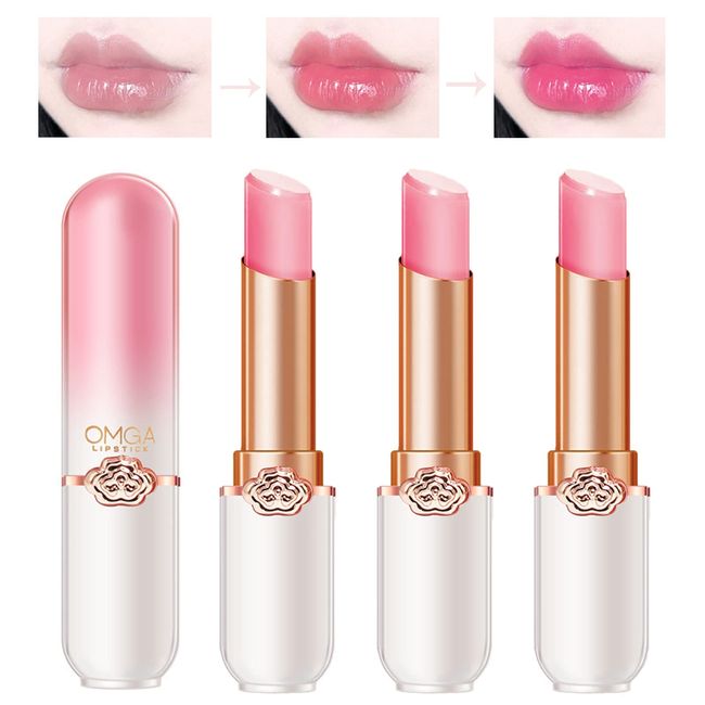 Domality Pink Magic Color Change Lipstick Set with Peach Gradient Package, 3pcs Long Lasting Nutritious Lip Balm, Automatically Change Color According to Temperature and pH Value