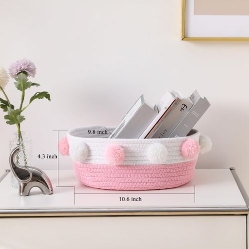 RengaoRise Small Pink Basket with Pom Pom, 10.6" x 9.8" x 4.3" Cute Woven Oval Decorative Basket for Baby Girl, Women,Empty Gift Basket to Fill for Valentine's Day, Baby Shower, Easter, Wedding