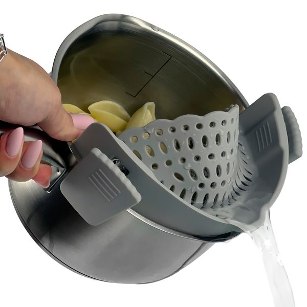 Granny´s Kitchen Schnapssieb aus Silikon - spülmaschinenfestes Küchensieb - Nudelsieb zum anklipsen am Topf - Sieb für Nudeln, Gemüse, Obst - Grau