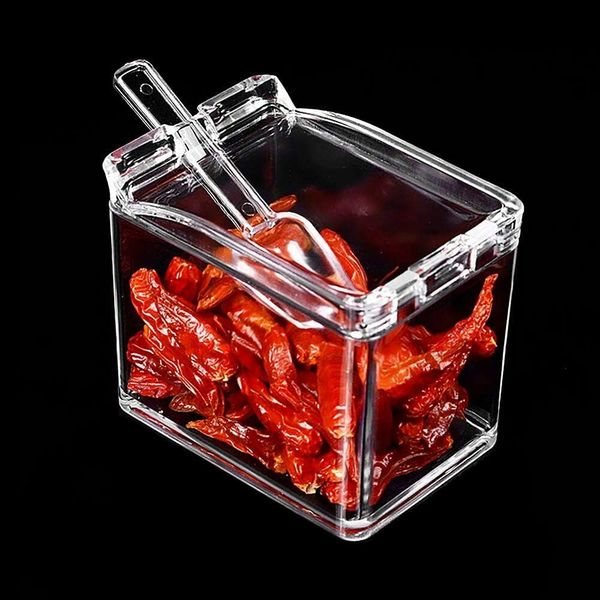 Acrlic Seasoning Spice Box Jar with Spoons Condiment Dispenser Storage Container, Transparent